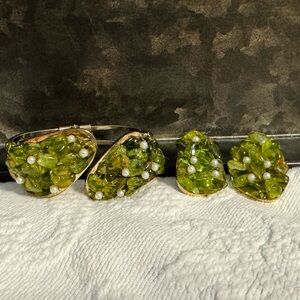 Vintage Sorento Sterling Signed Glass Polished Rock Cuff Bracelet Clip Earrings